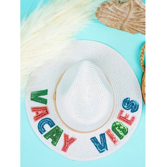White Straw Hat with Colorful 'Vacay Vibes' Embroidery - Picture 1 of 8